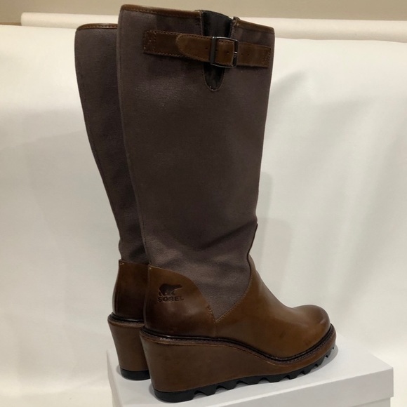 Sorel Lux Leather Wedged Boots Brown Side Zippers - Picture 5 of 16